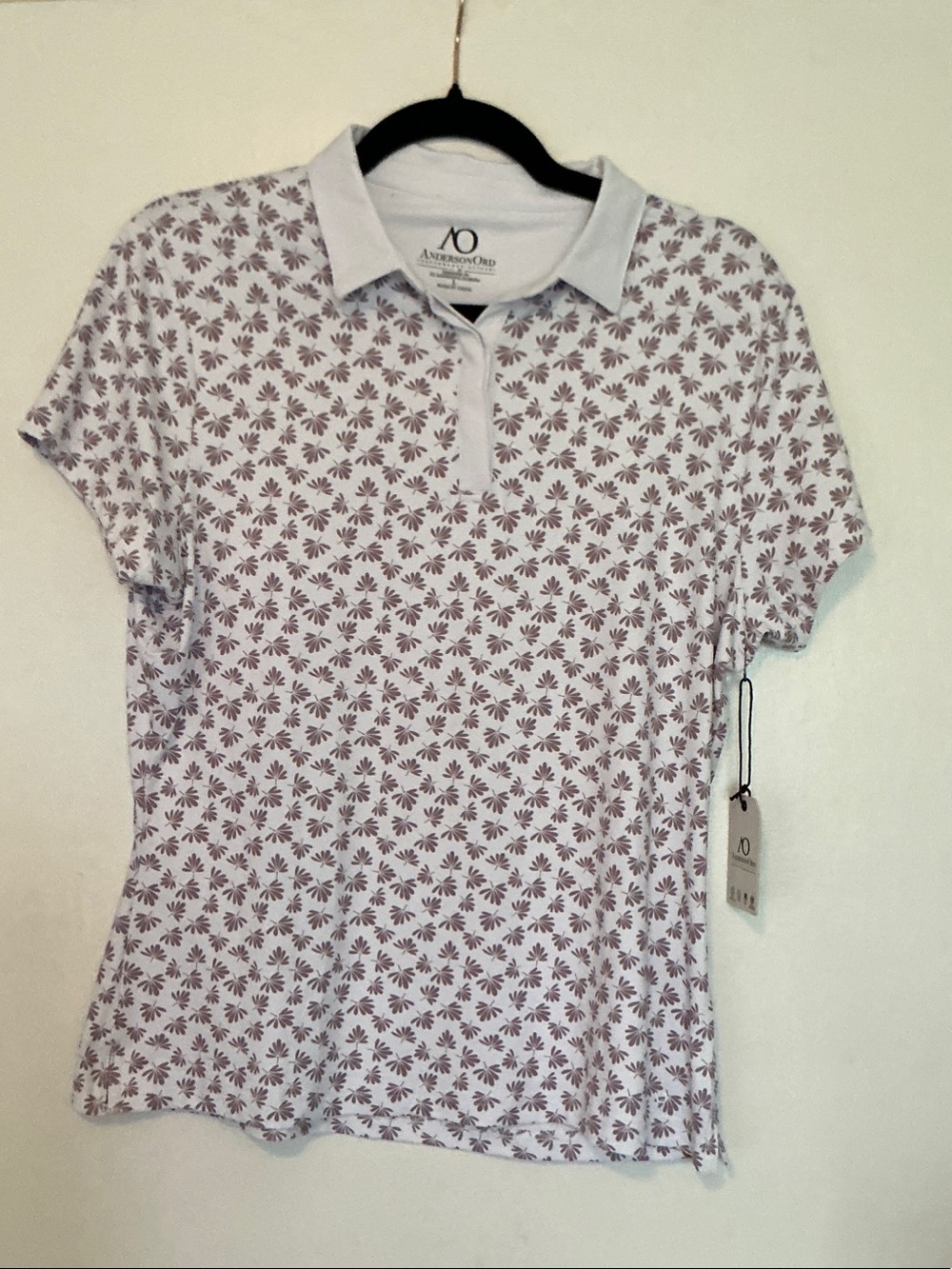 Women's White Polo Top with Mauve Leaf Print